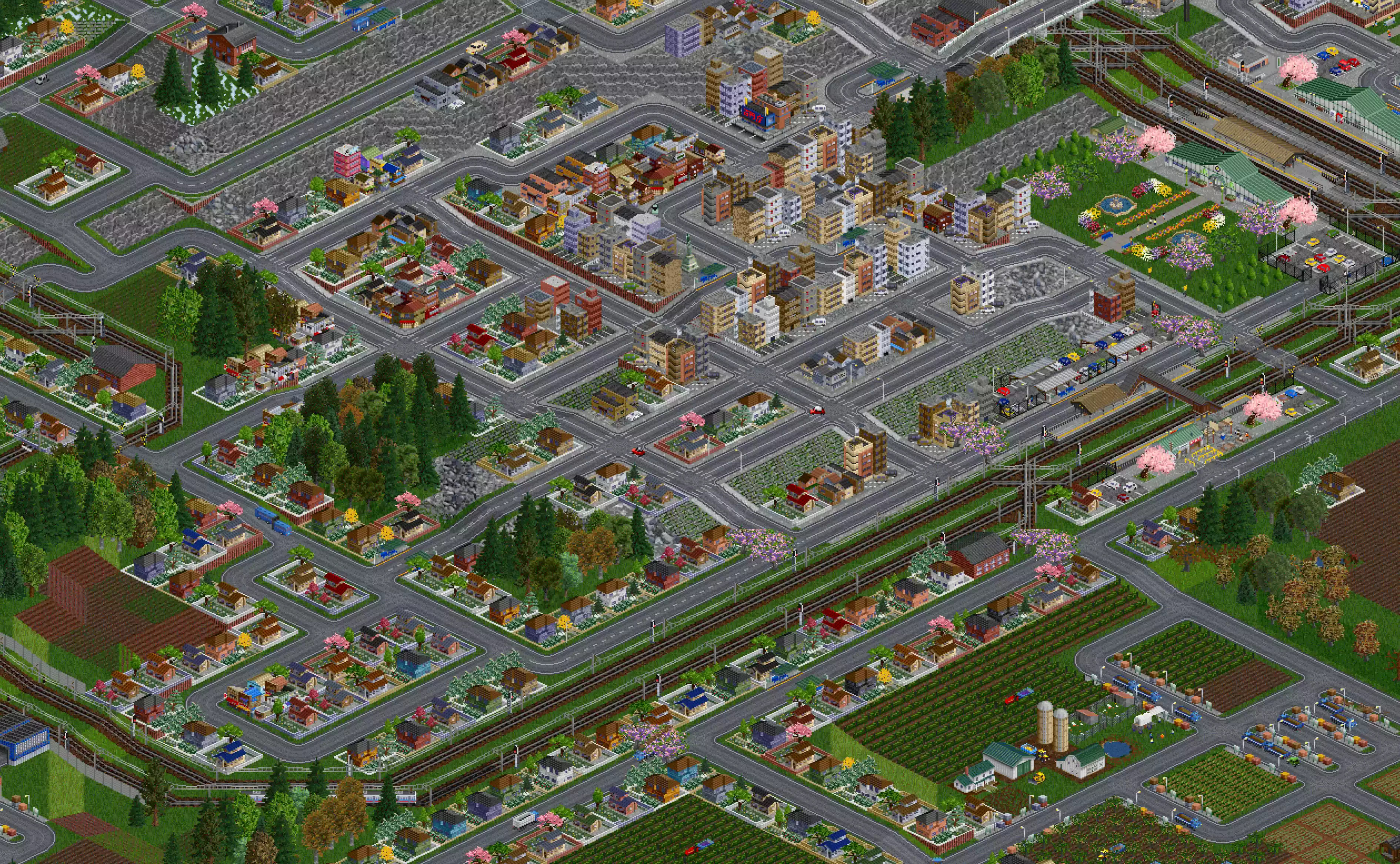 A festive district scene with layered rooftops