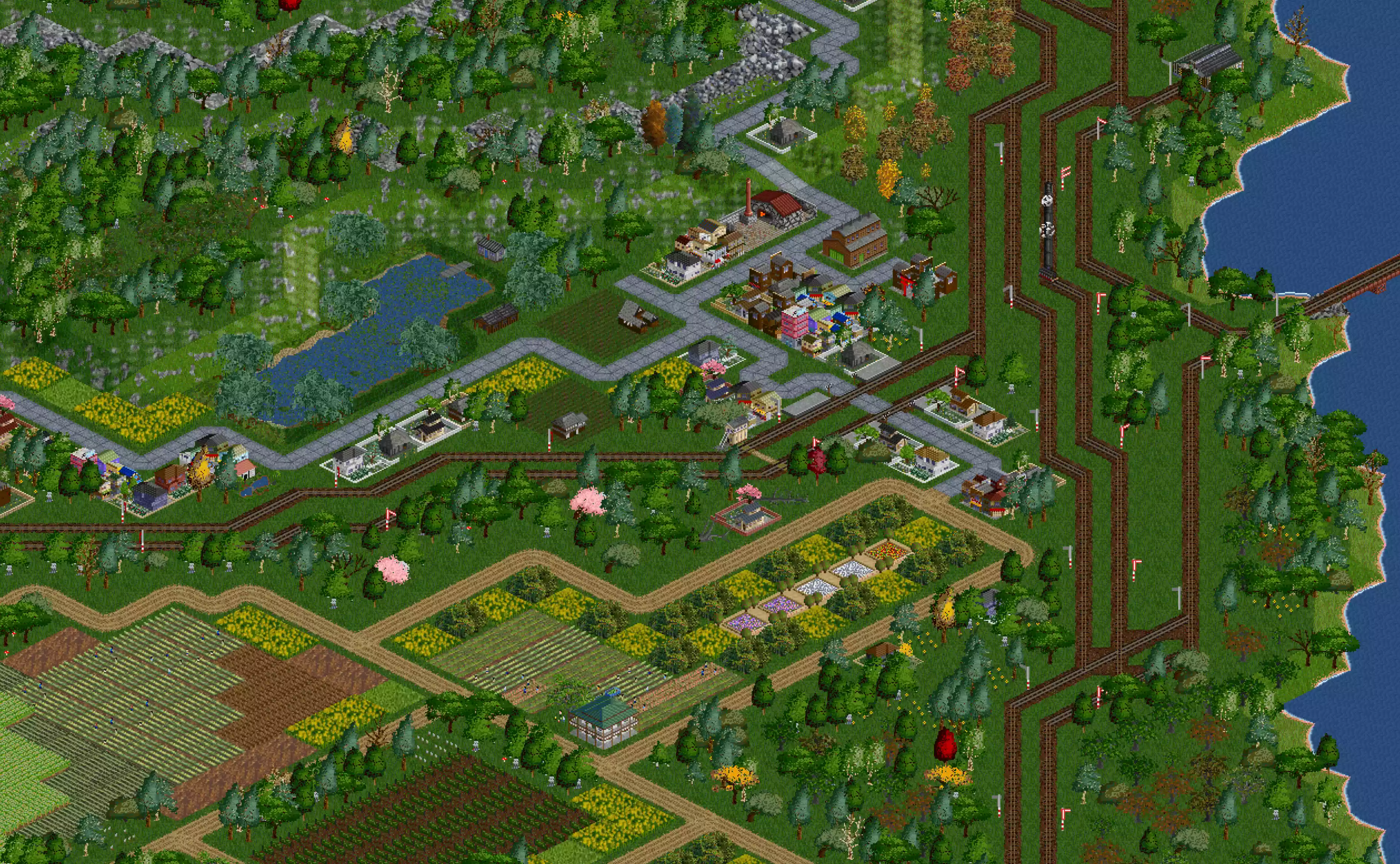 A dense urban block with varied roofs