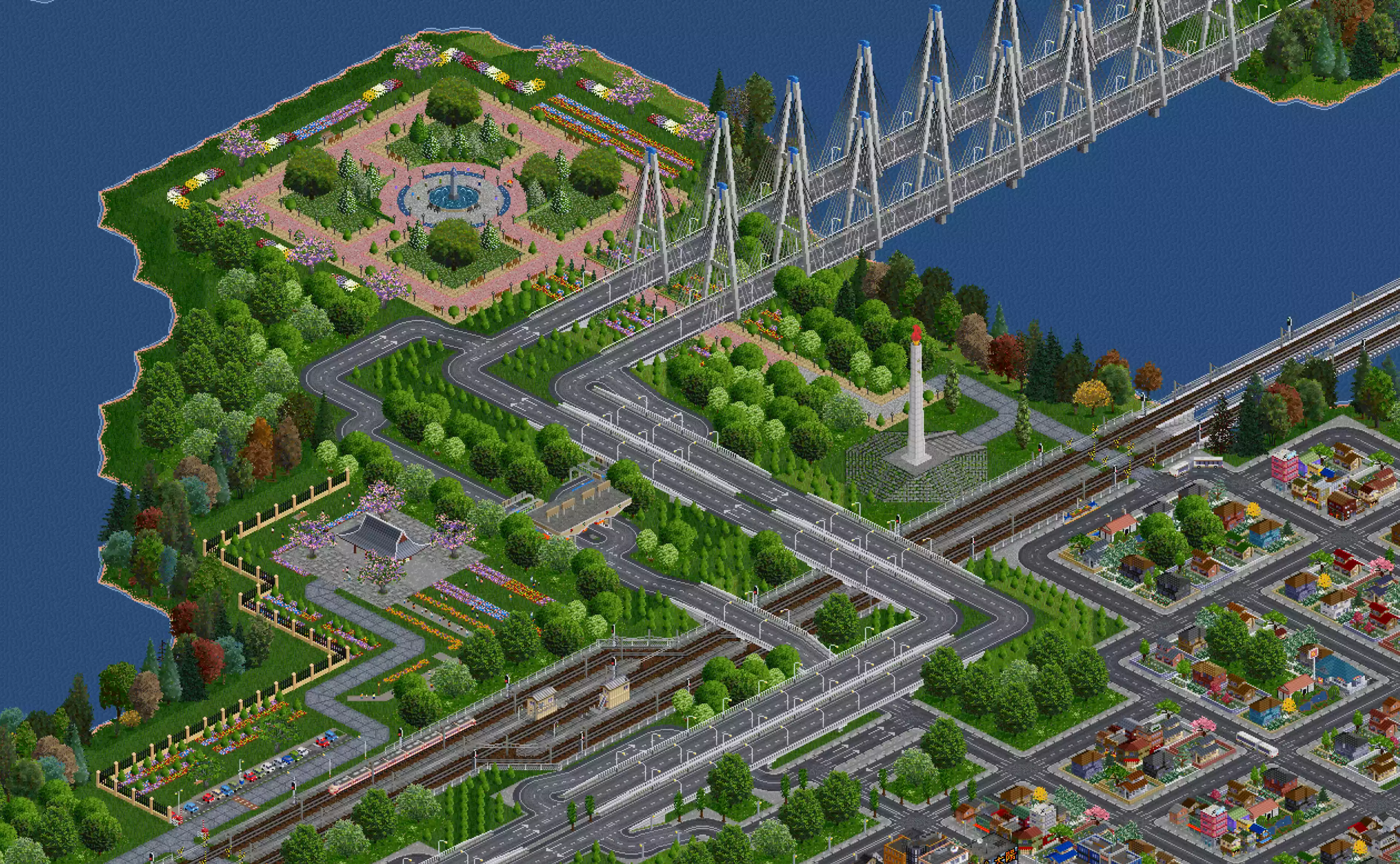 A layered garden view with structures and trees