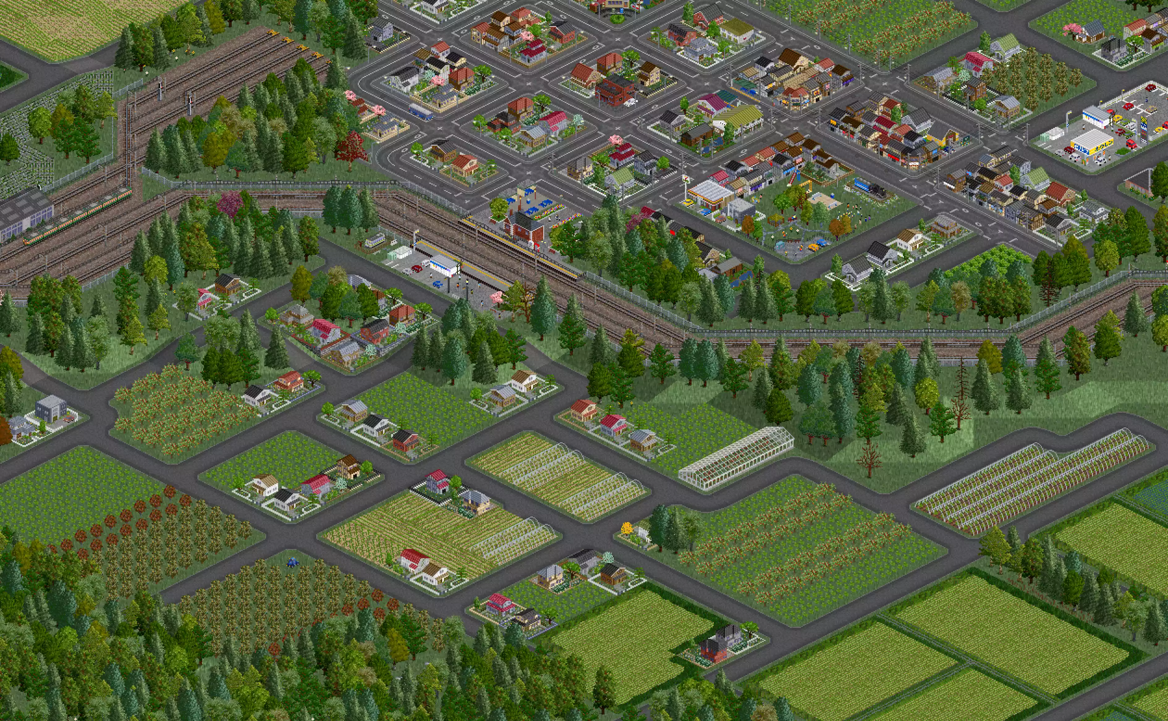 An atmospheric scene with buildings and greenery